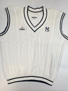 Vintage Adidas New York Yankees XL White Cable Knit V-Neck Sweater Vest